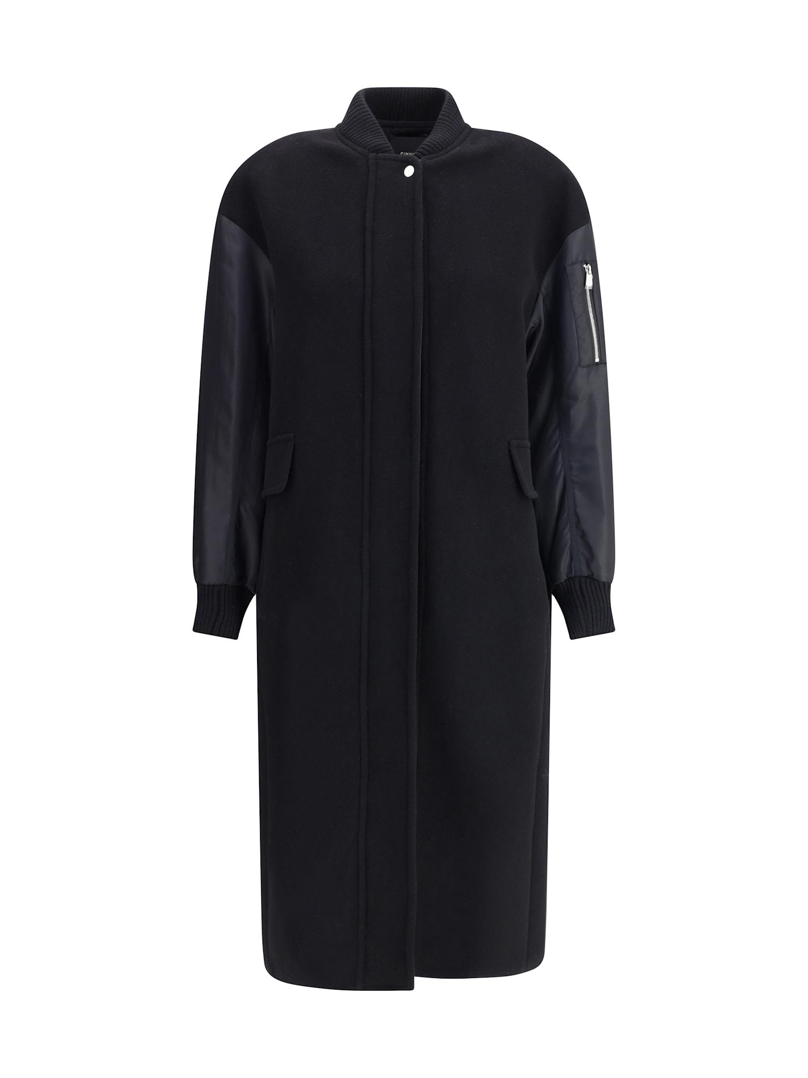 pinko long coat in wool-blend cloth and technical satin