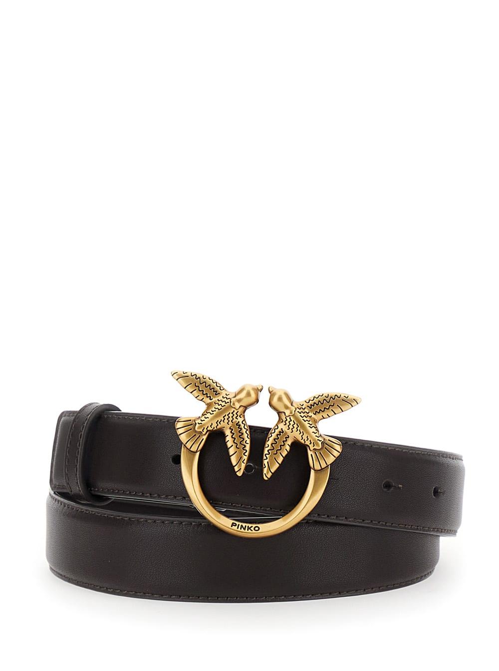 pinko love birds brown belt with logo buckle in leather woman