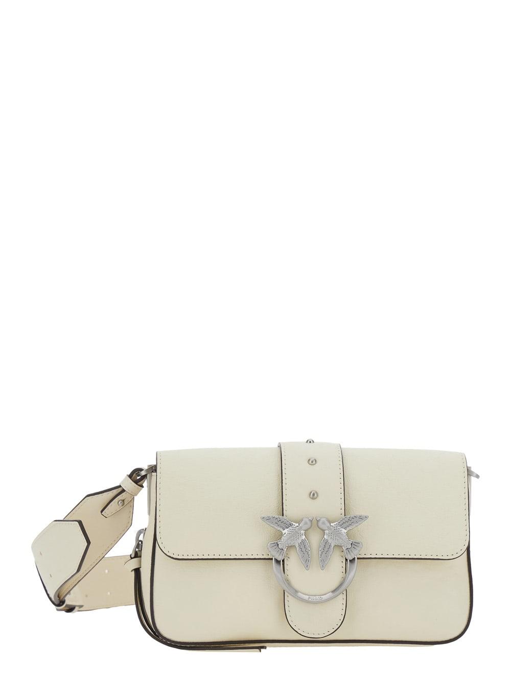 pinko love one mini white crossbody bag with love birds buckle and adjustable shoulder strap in leather woman