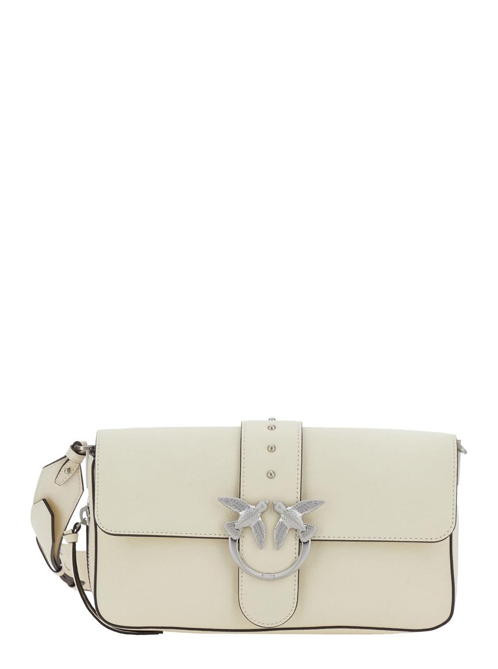 pinko love one white crossbody bag with love birds buckle and adjustable shoulder strap in leather woman