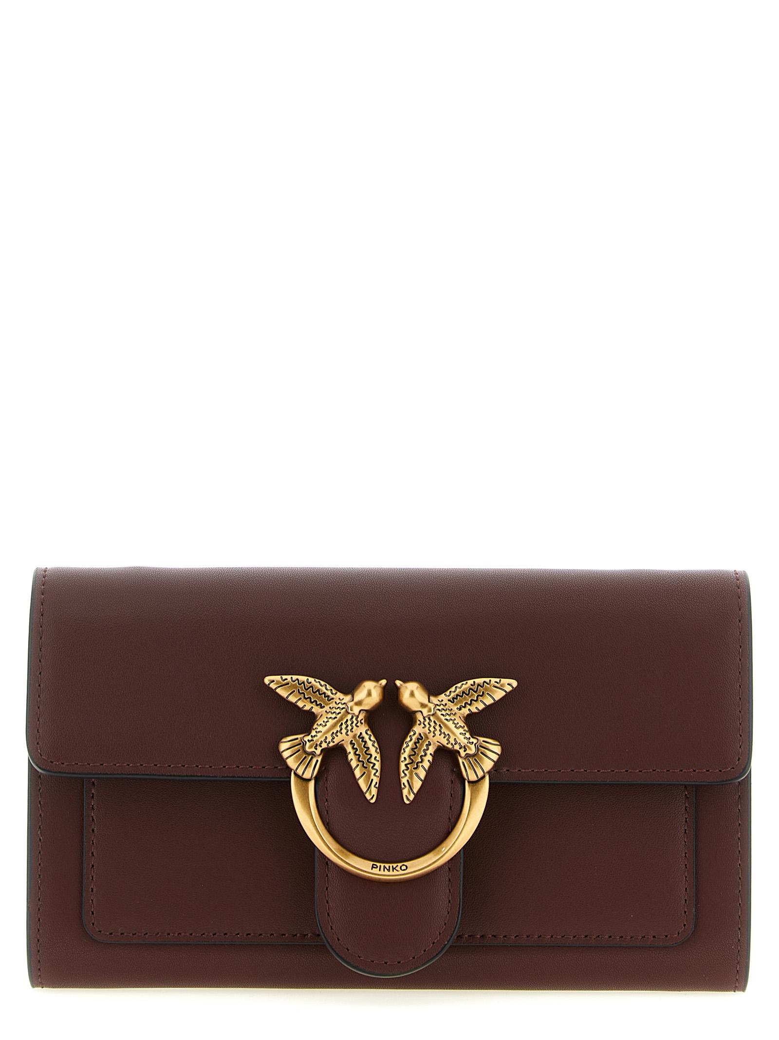 pinko love simply wallet on chain bordeaux goat hair polyurethane wallets, card holders - women