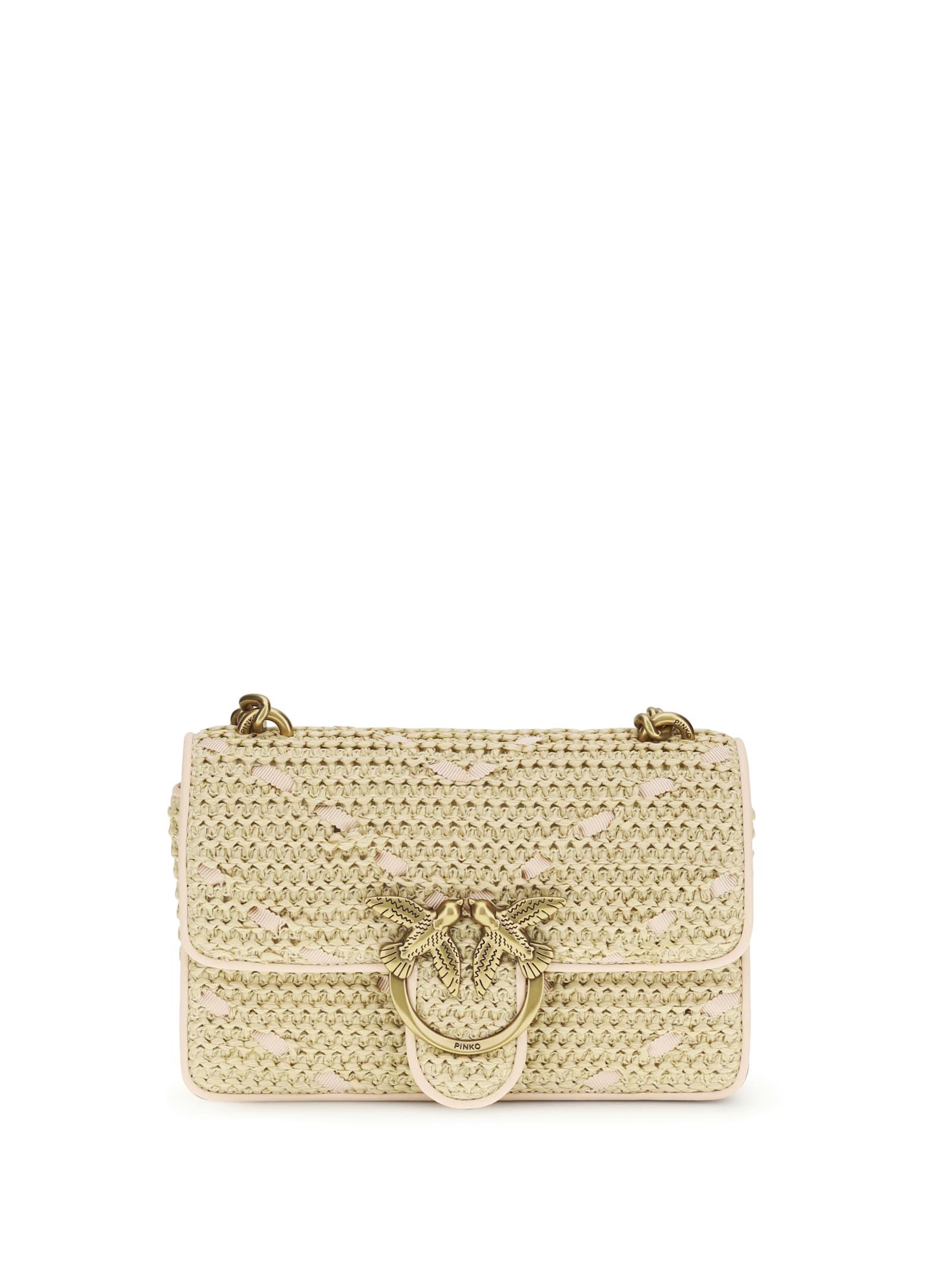 pinko mini love handbag in chevron raffia and leather