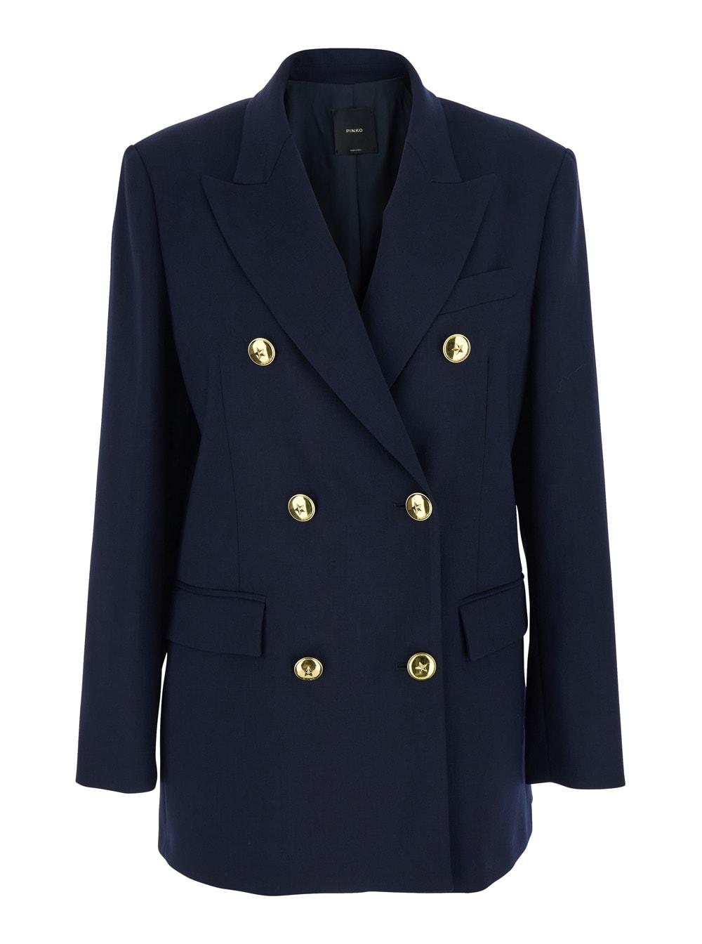 pinko new guinea blue double-breasted jacket with peak revers in wool woman