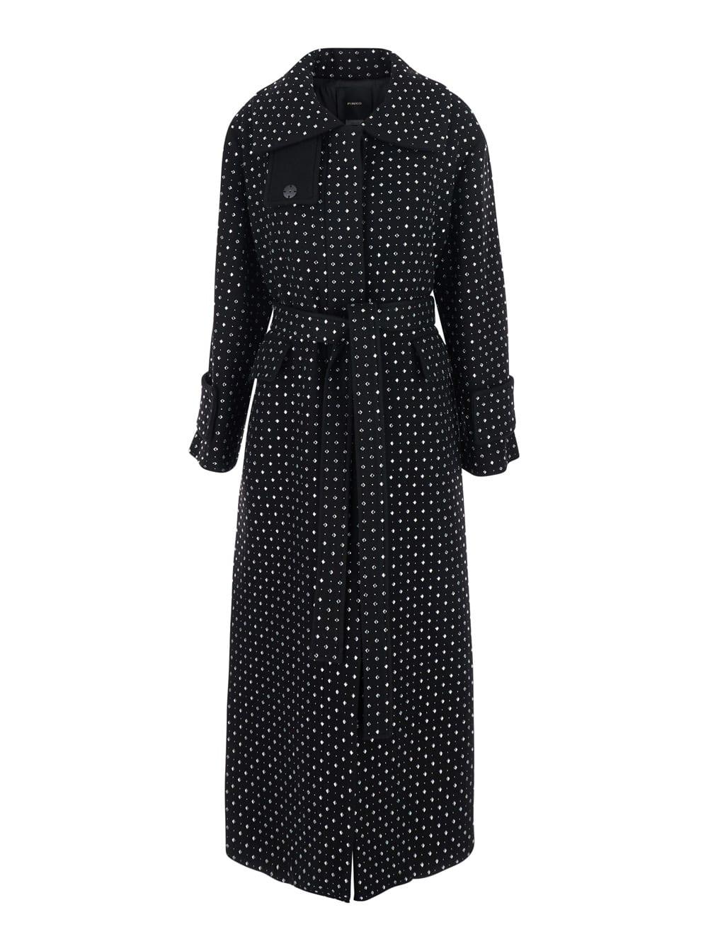 pinko paquita black rhinestoned coat with belt in wool blend woman