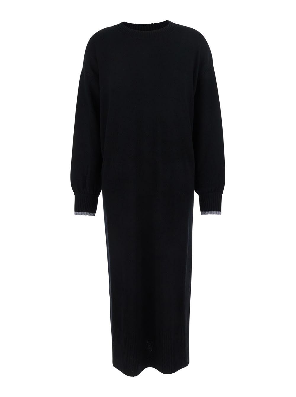 pinko puerto rico black crewneck dress with side single slit and contrasting cuffs in wool woman