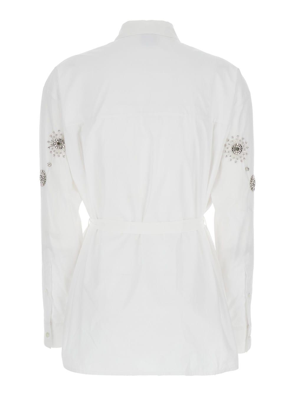 pinko shirt carley with bow detail on front and crystal decoration on front in white cotton for women