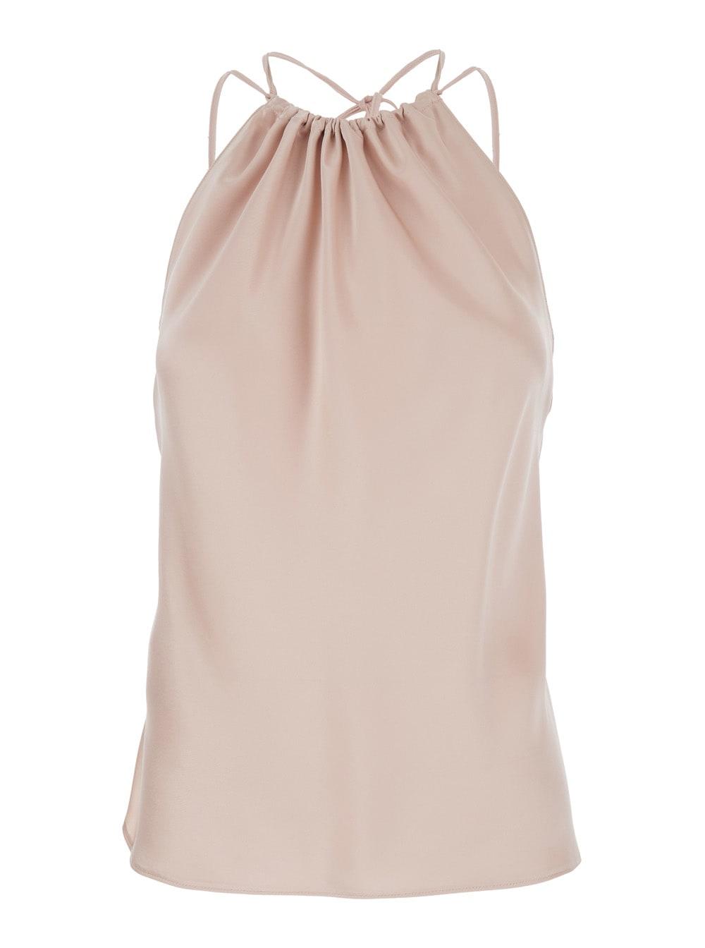 pinko top carrot sleeveless with ruffled neckline and adjustable thin straps in pink tech fabric for women