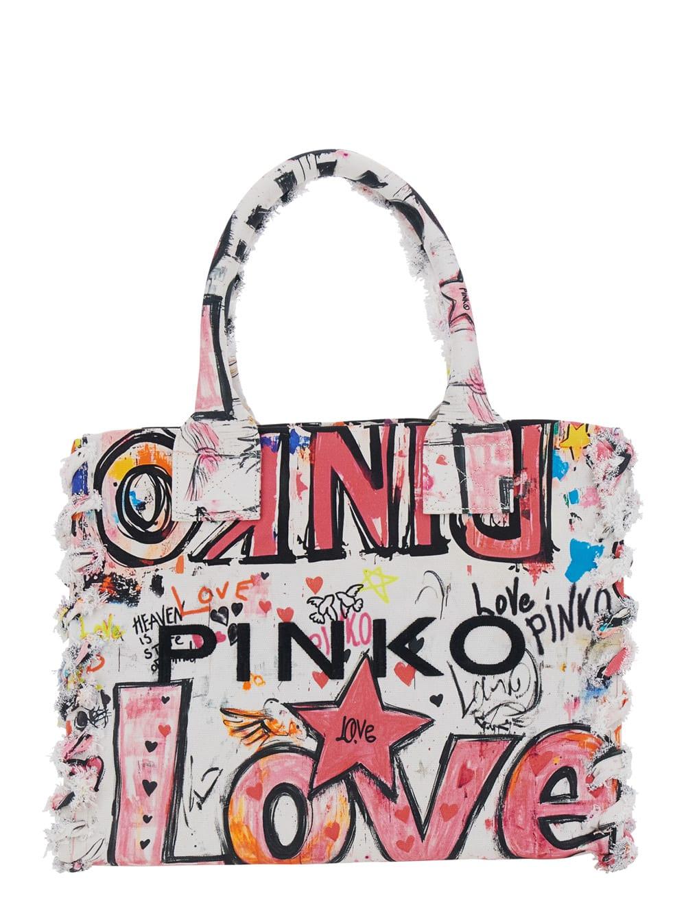 pinko tote bag beach shopper canvas stampa multicolor with bright print in cotton for women