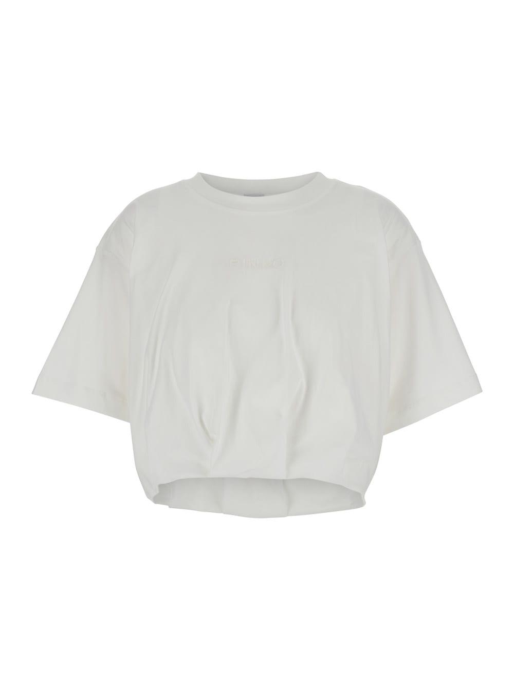 pinko white crop t-shirt with logo on the front and gathers in cotton woman
