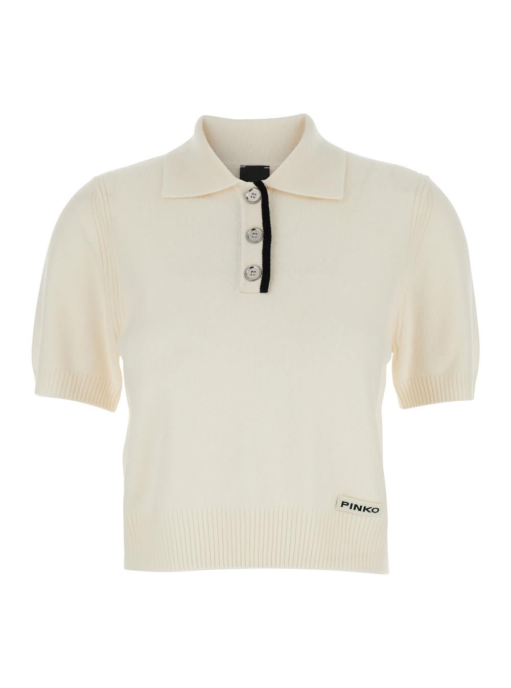 pinko white polo shirt with logo patch on the front and ribbed details in wool woman