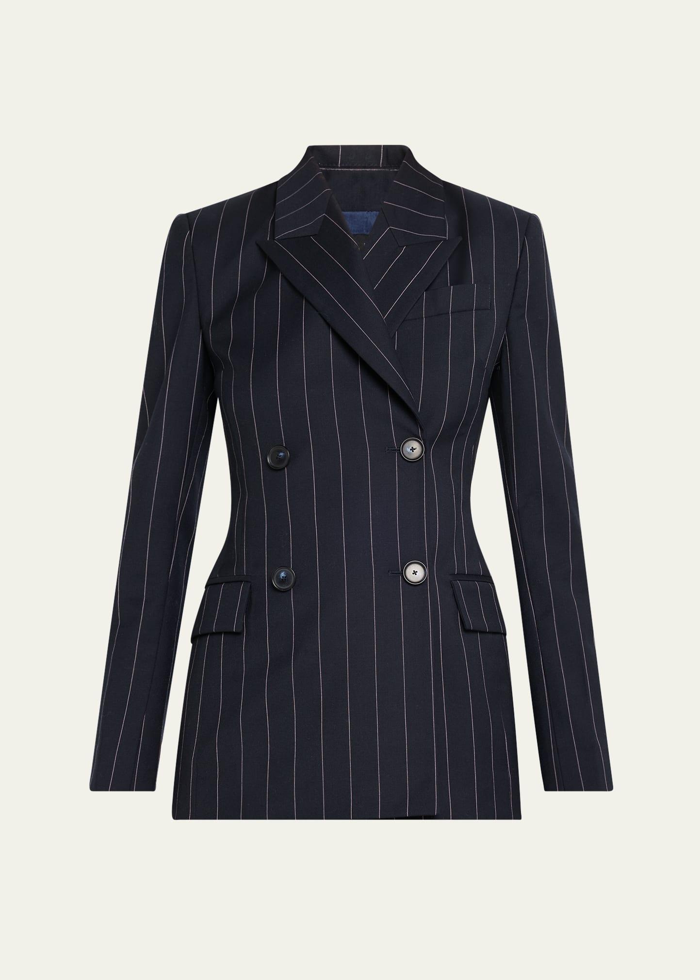 pinstripe double-breasted tailored wool blazer