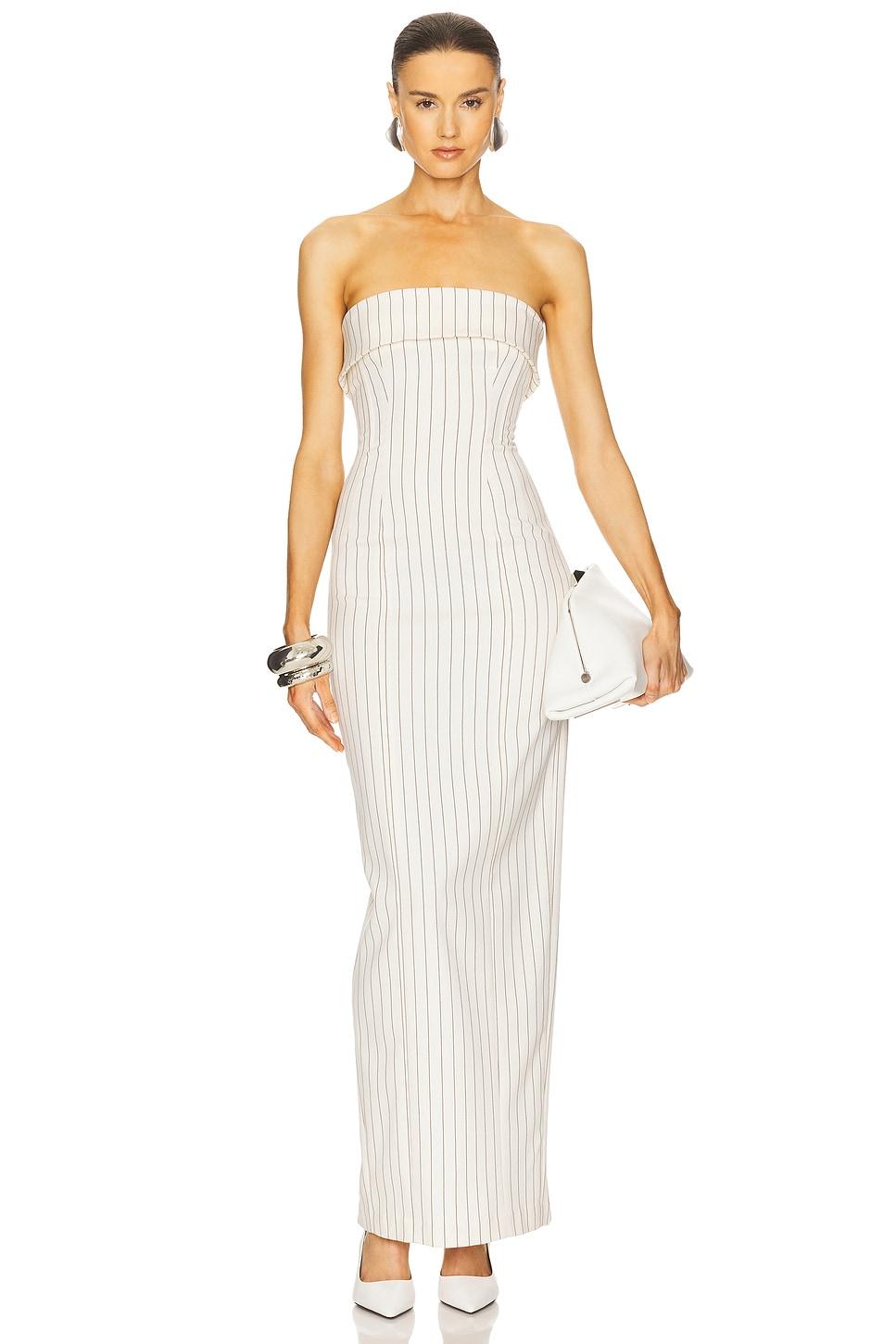 pinstripe long strapless dress
