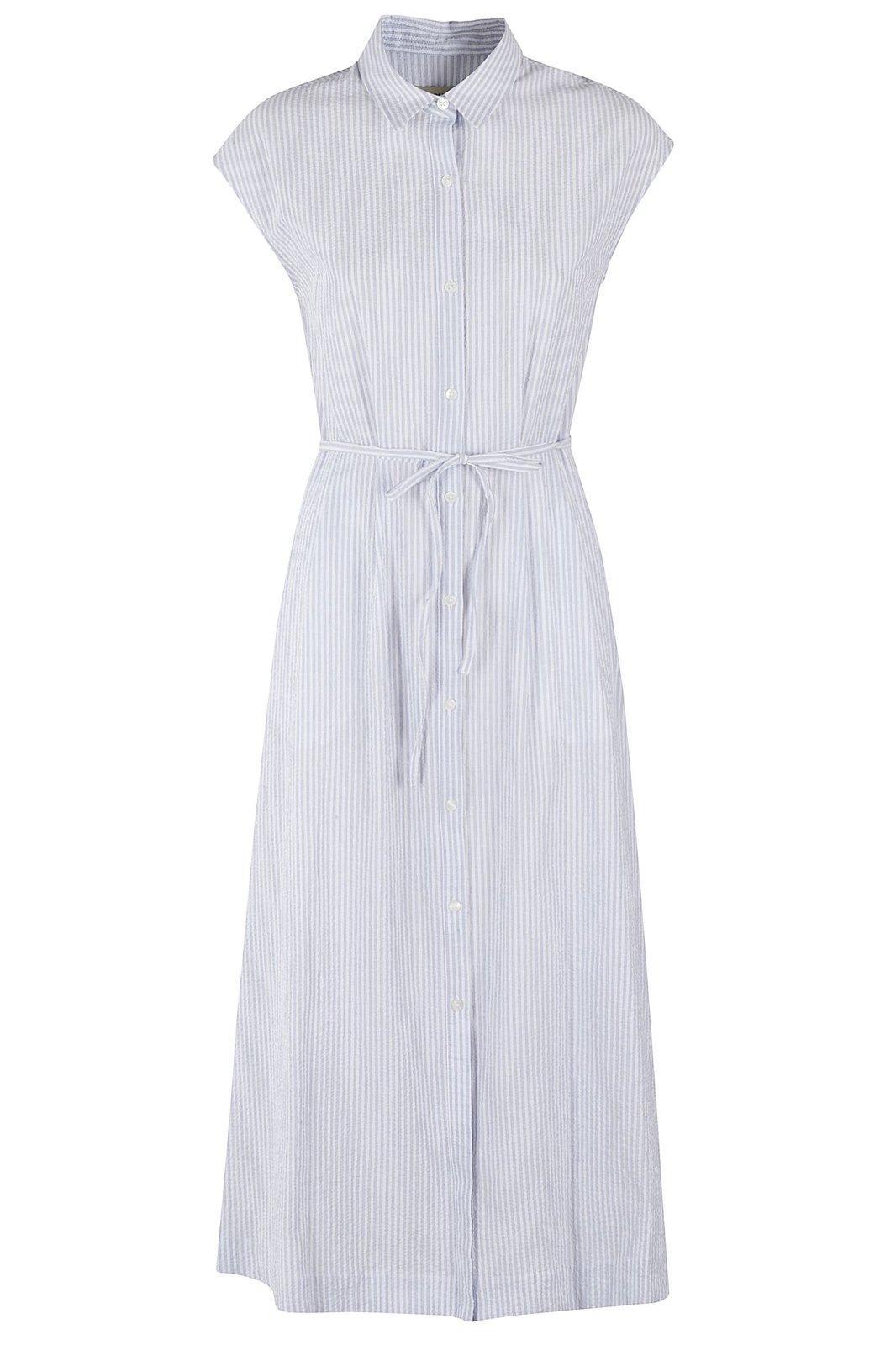 pinstriped tie-waisted long shirt dress