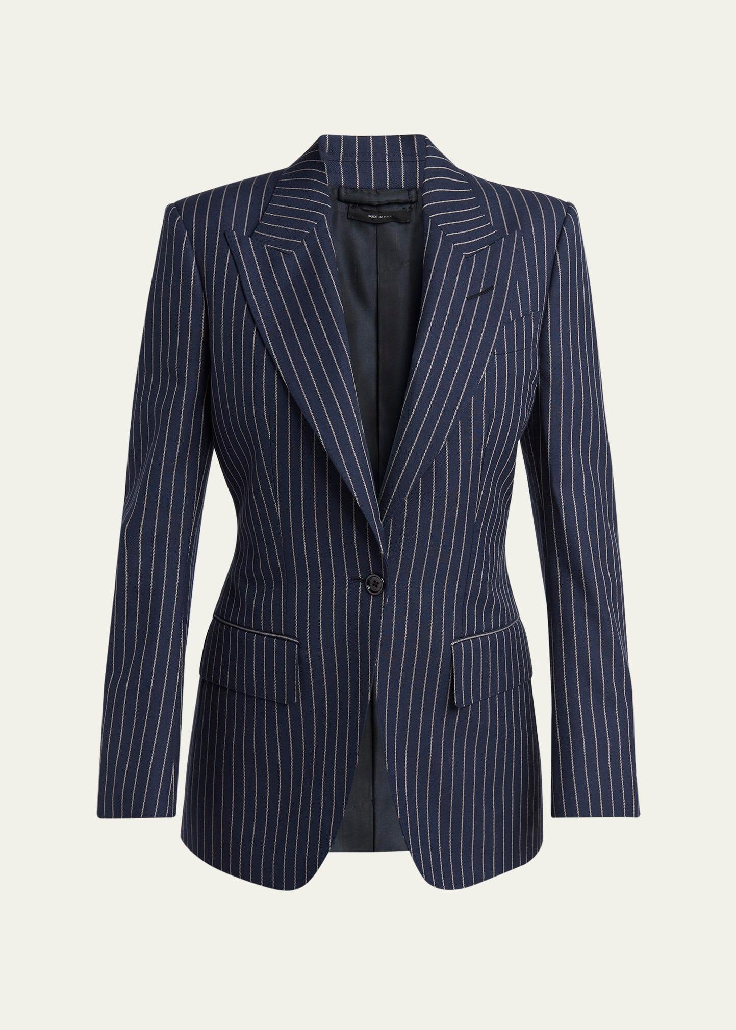 pintstripe one-button wool blazer