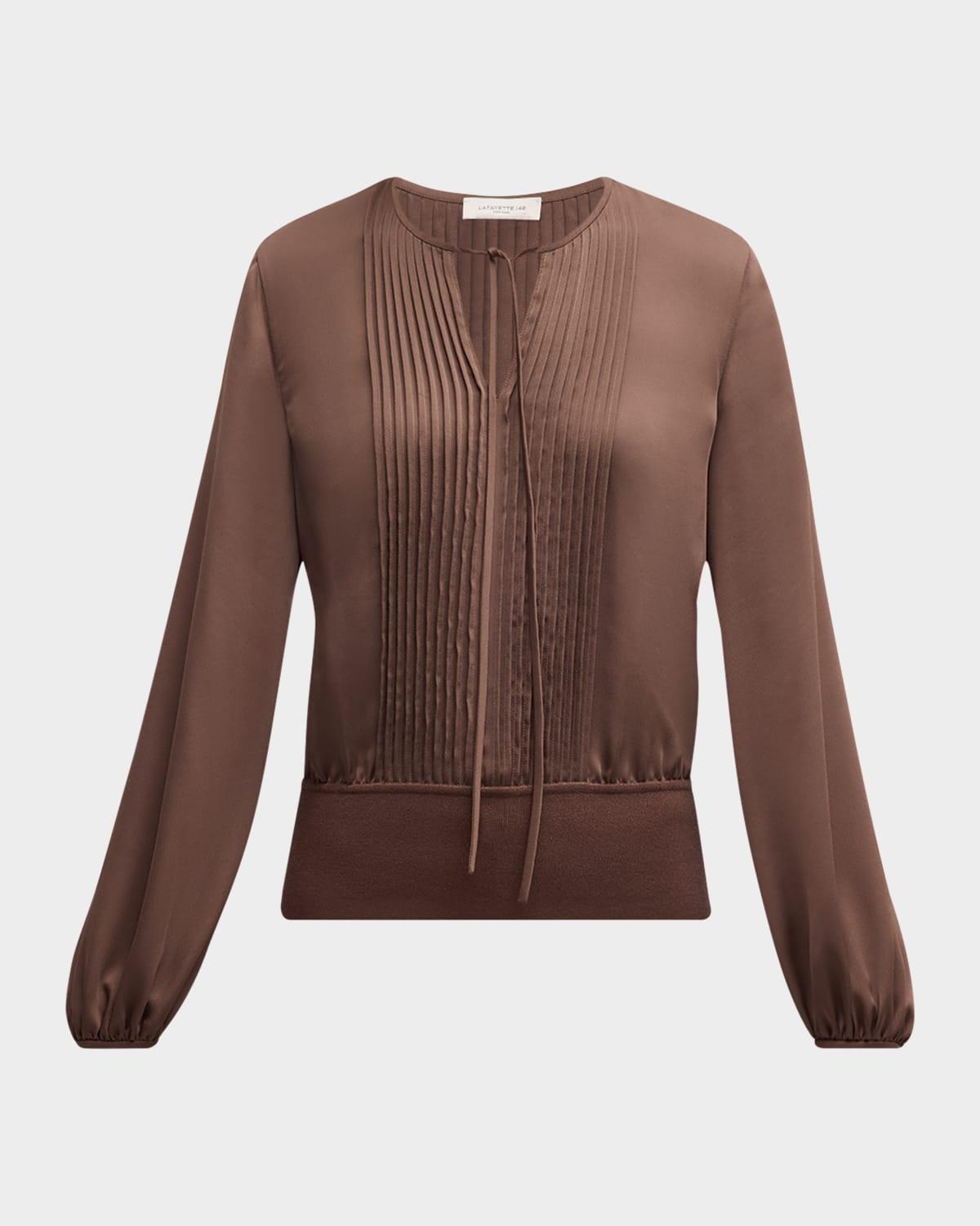 pintuck blouson-sleeve satin blouse