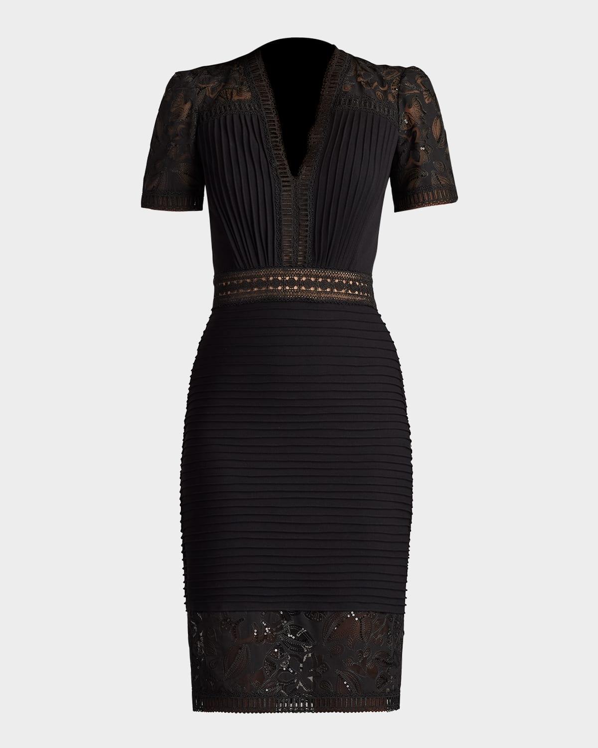 pintuck bodycon lace & crepe dress