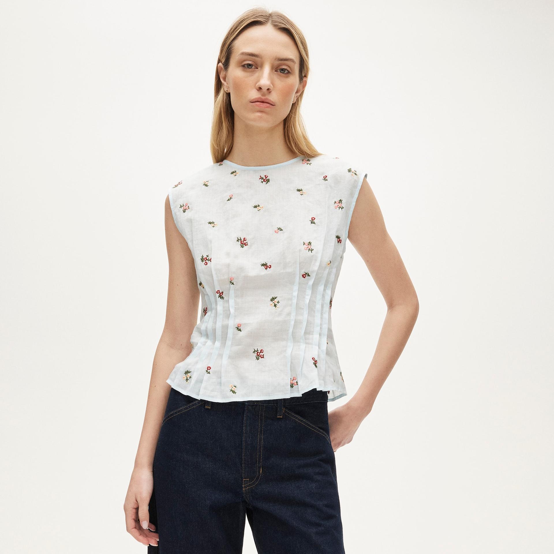 pintuck shell top in ramie with embroidered florals