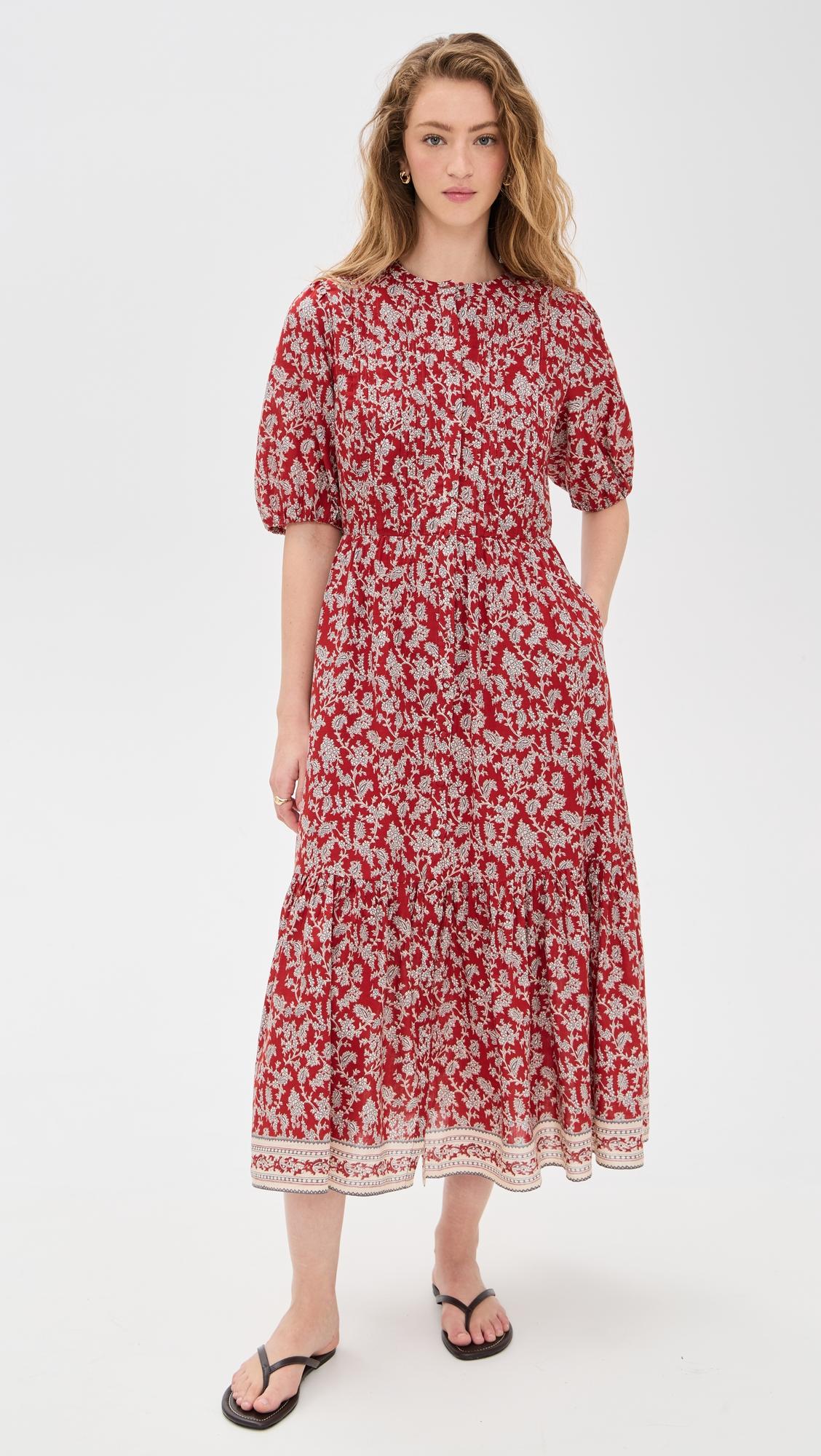 pintucked puff sleeve midi dress