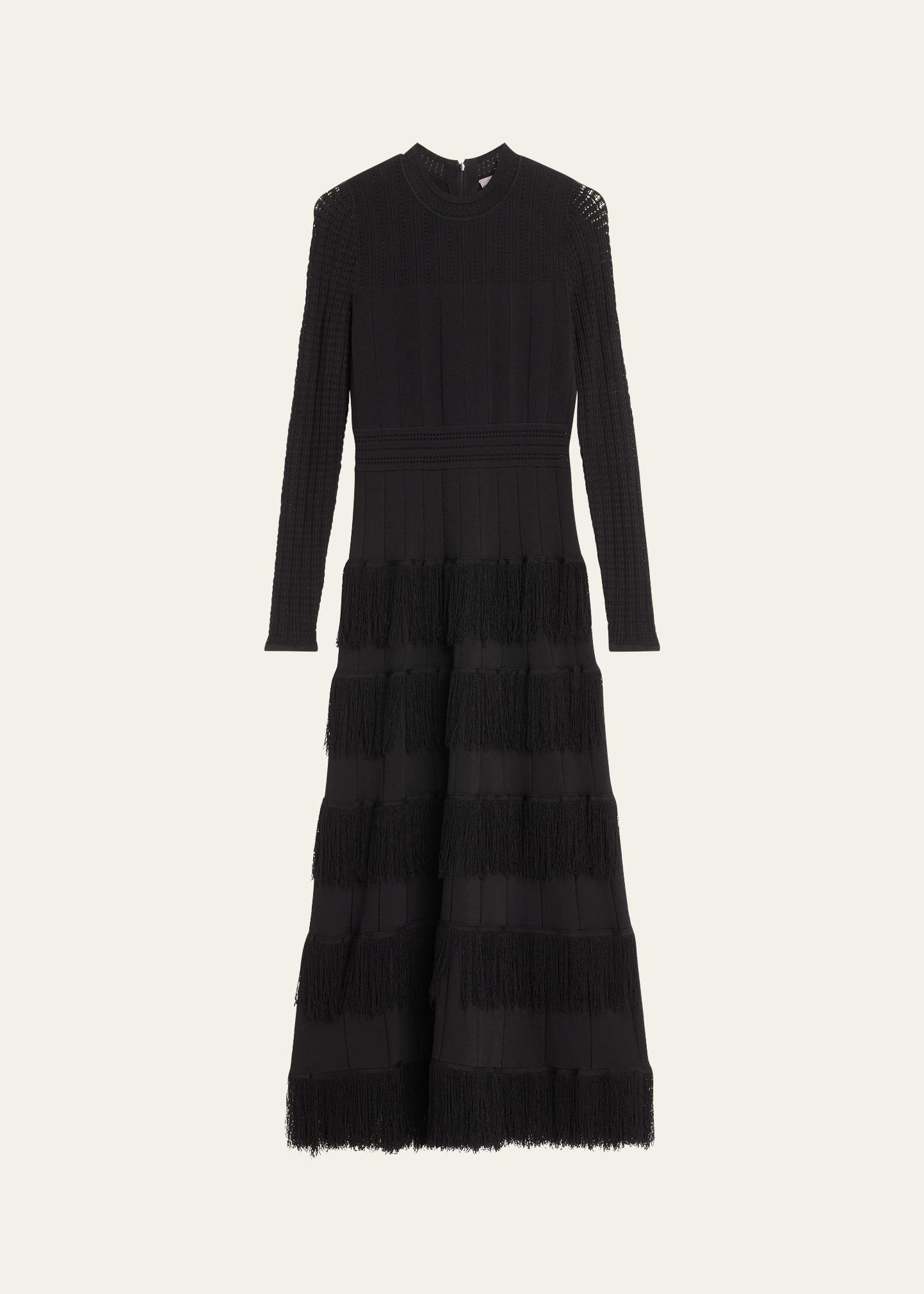 piper tiered fringe pointelle-knit maxi dress