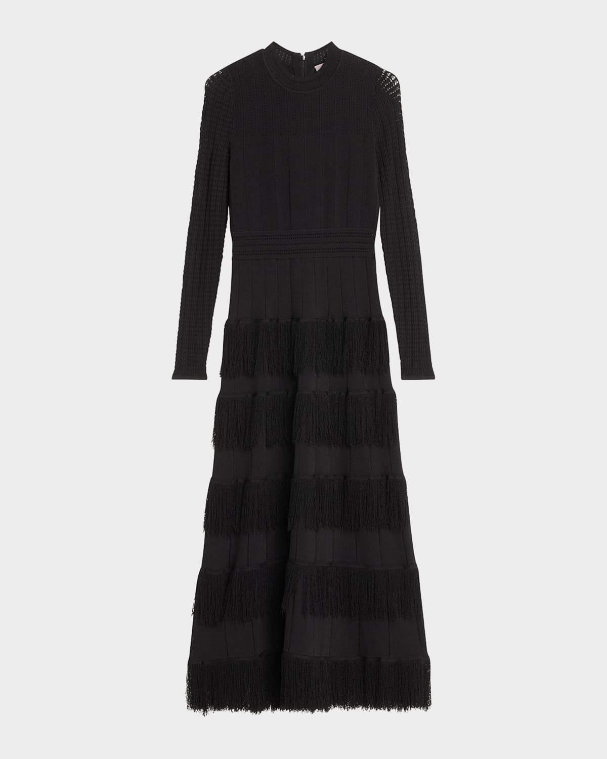 piper tiered fringe pointelle-knit maxi dress
