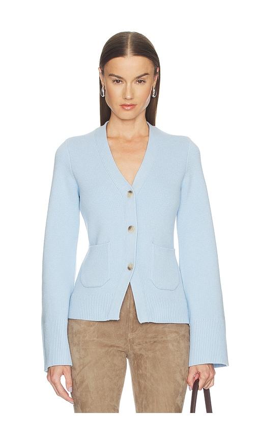 pistola aeron cinched waist cardigan in baby blue.