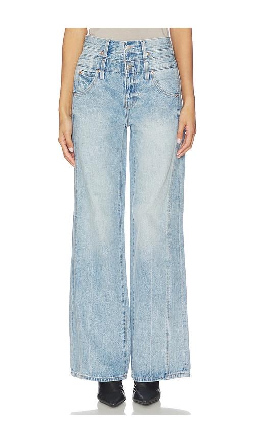 pistola caleb high rise stacked wide jeans in blue.