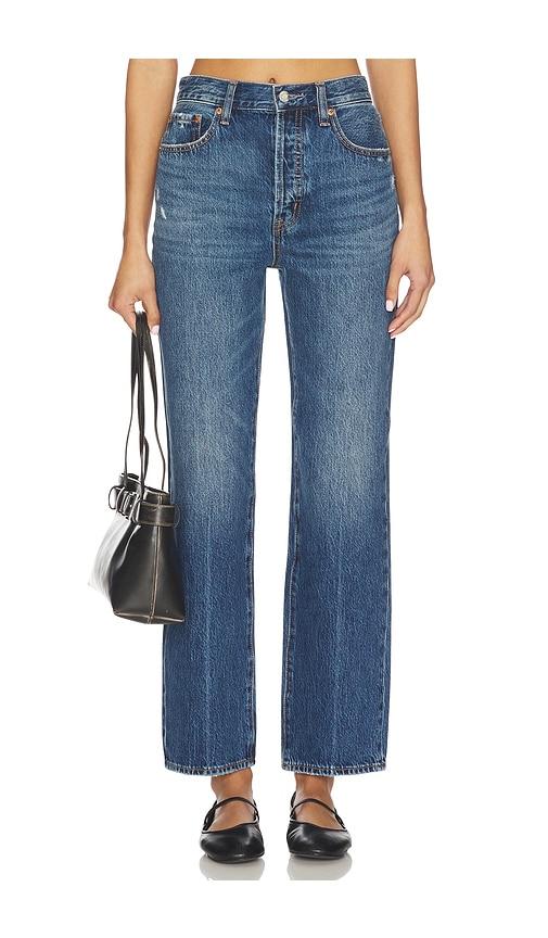 pistola cassie super high rise straight jeans in blue.