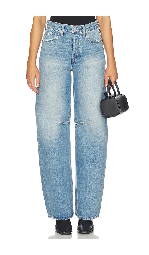 pistola sydney high rise bowed wide jeans in blue.