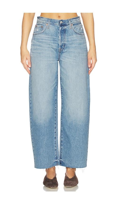 pistola tate crop high rise bowed wide leg jeans in blue.