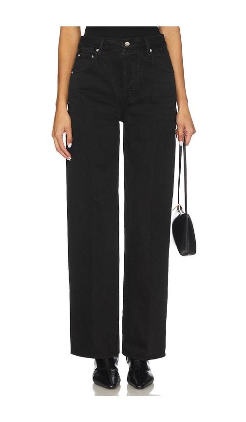 pistola tate high rise bowed wide jeans in black.