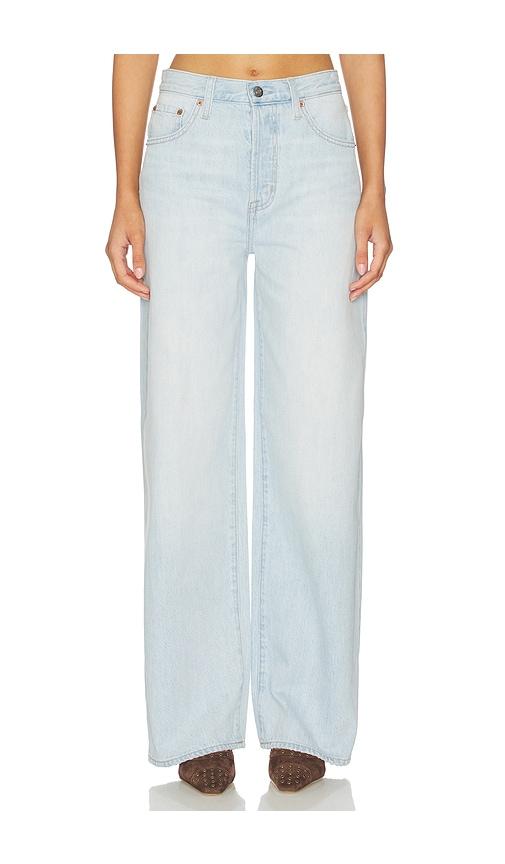pistola tate high rise bowed wide leg jeans in blue.