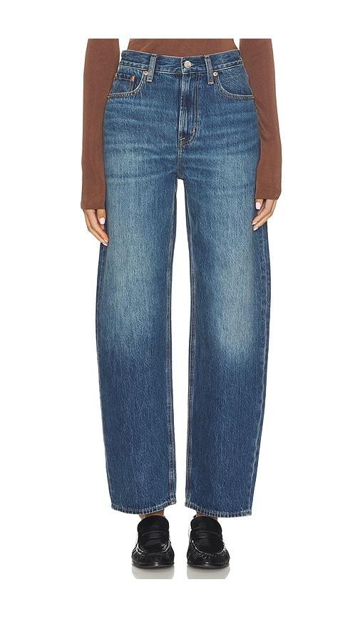 pistola wes high rise barrel jeans in blue.