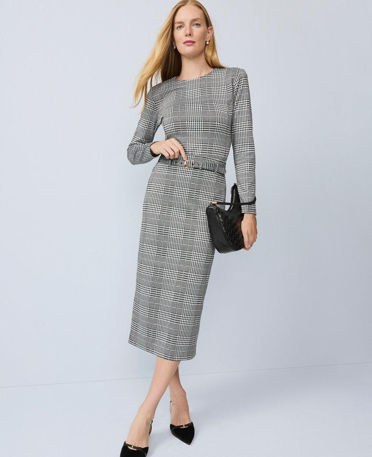 plaid belted midi pencil skirt