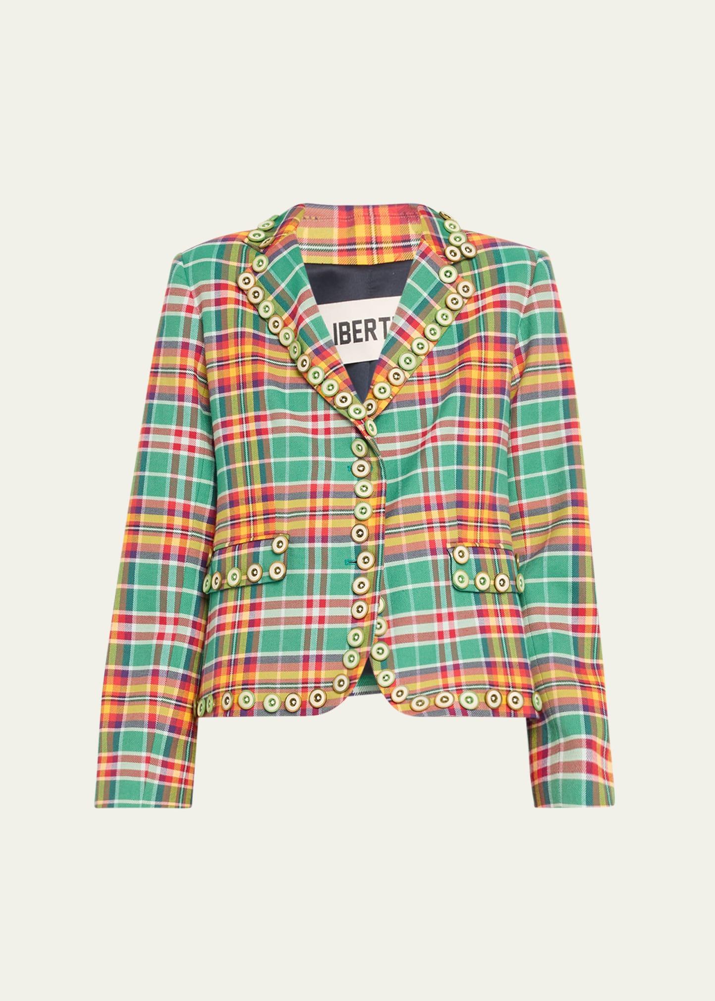 plaid button trim short jacket
