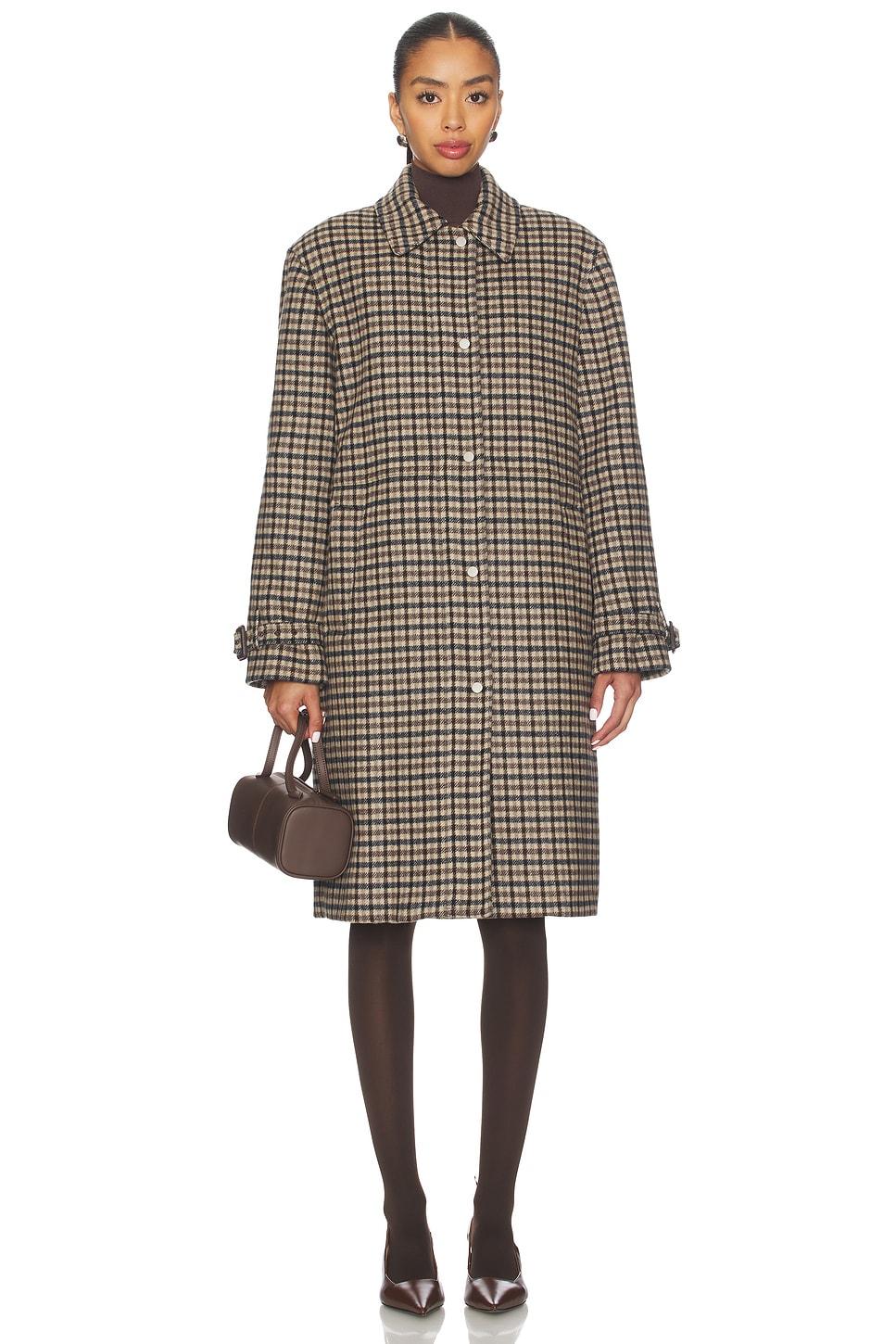 plaid car coat with faux leather trim