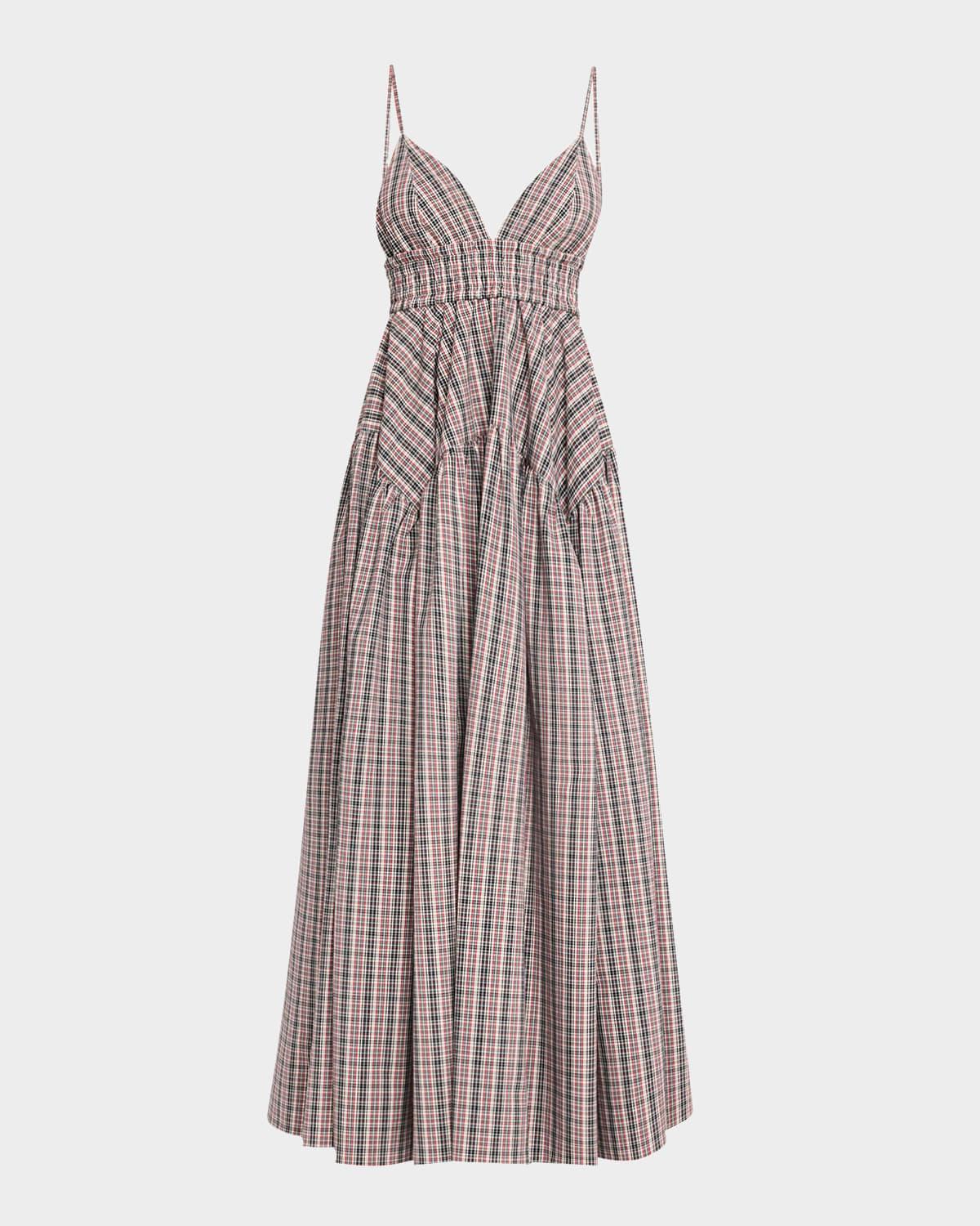 plaid gathered peplum maxi camisole dress