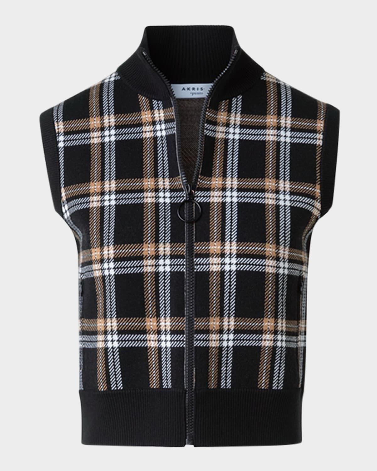 plaid jacquard sleeveless zip sweater
