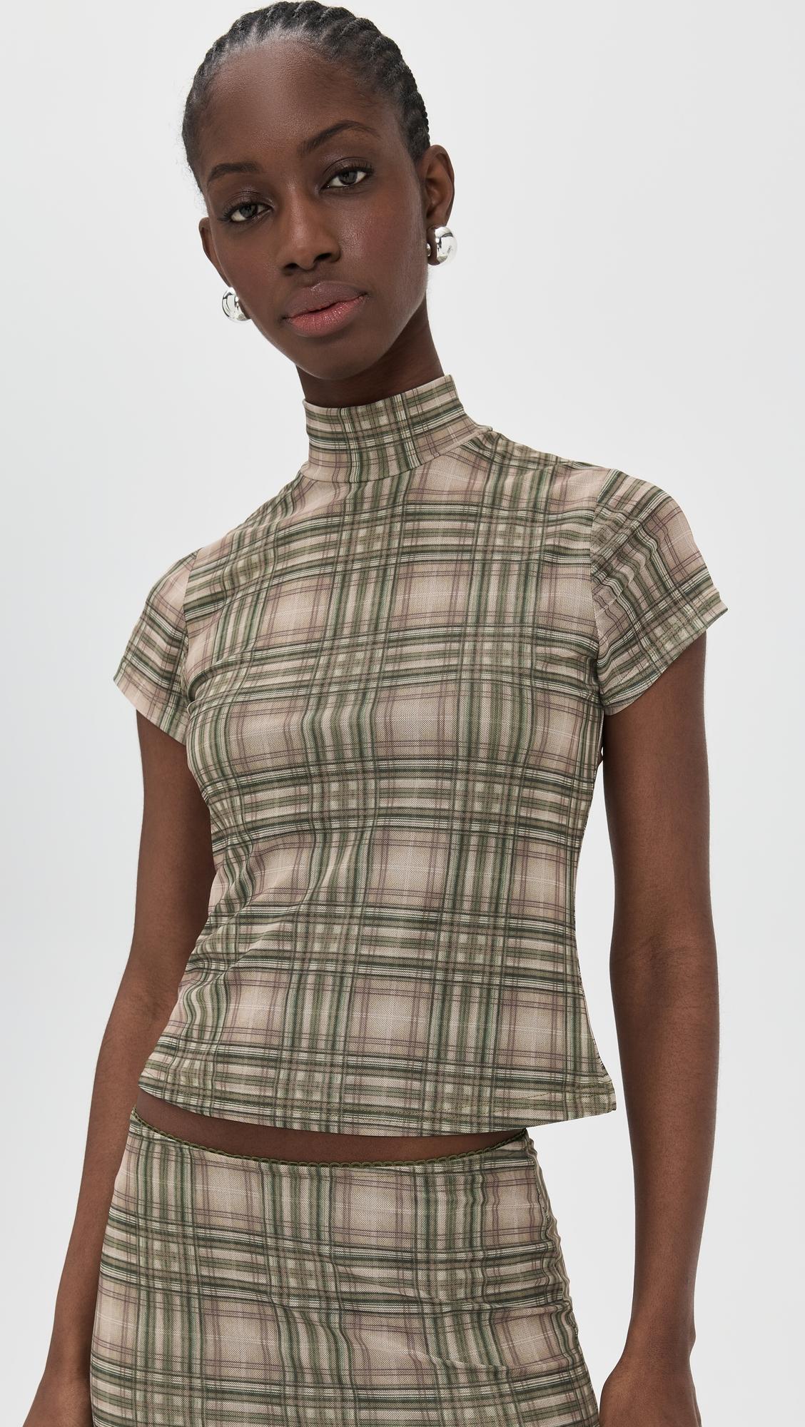 plaid mesh high neck top