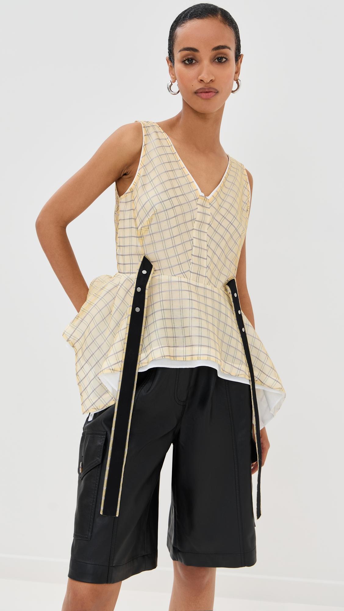 plaid organza v neck flounce top