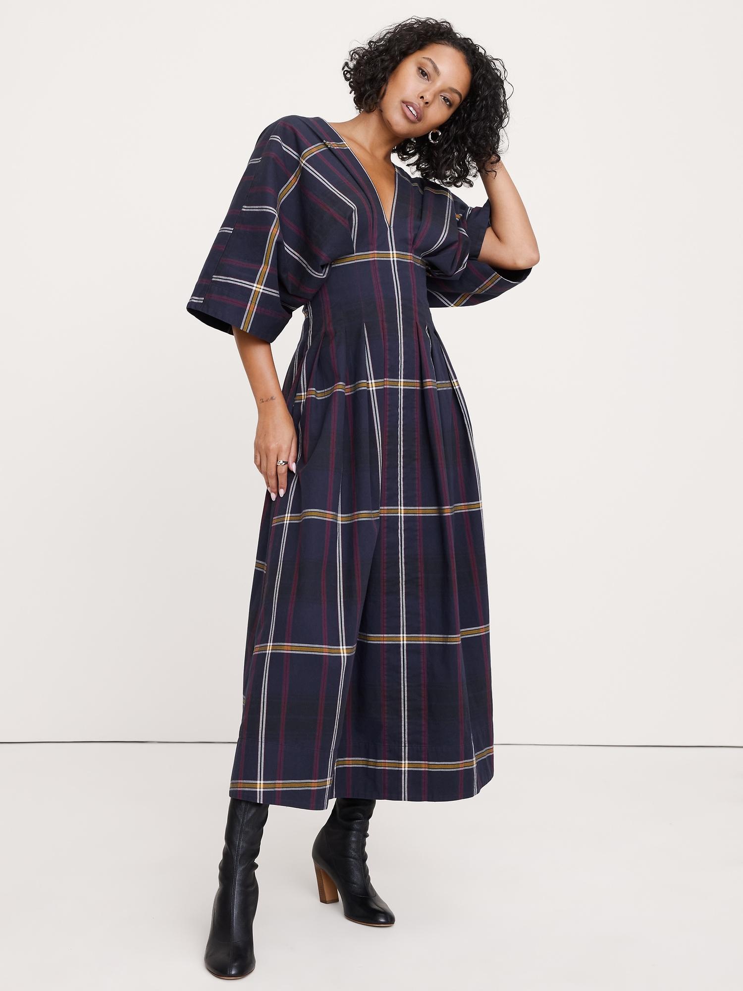 plaid pleated cotton maxi dress