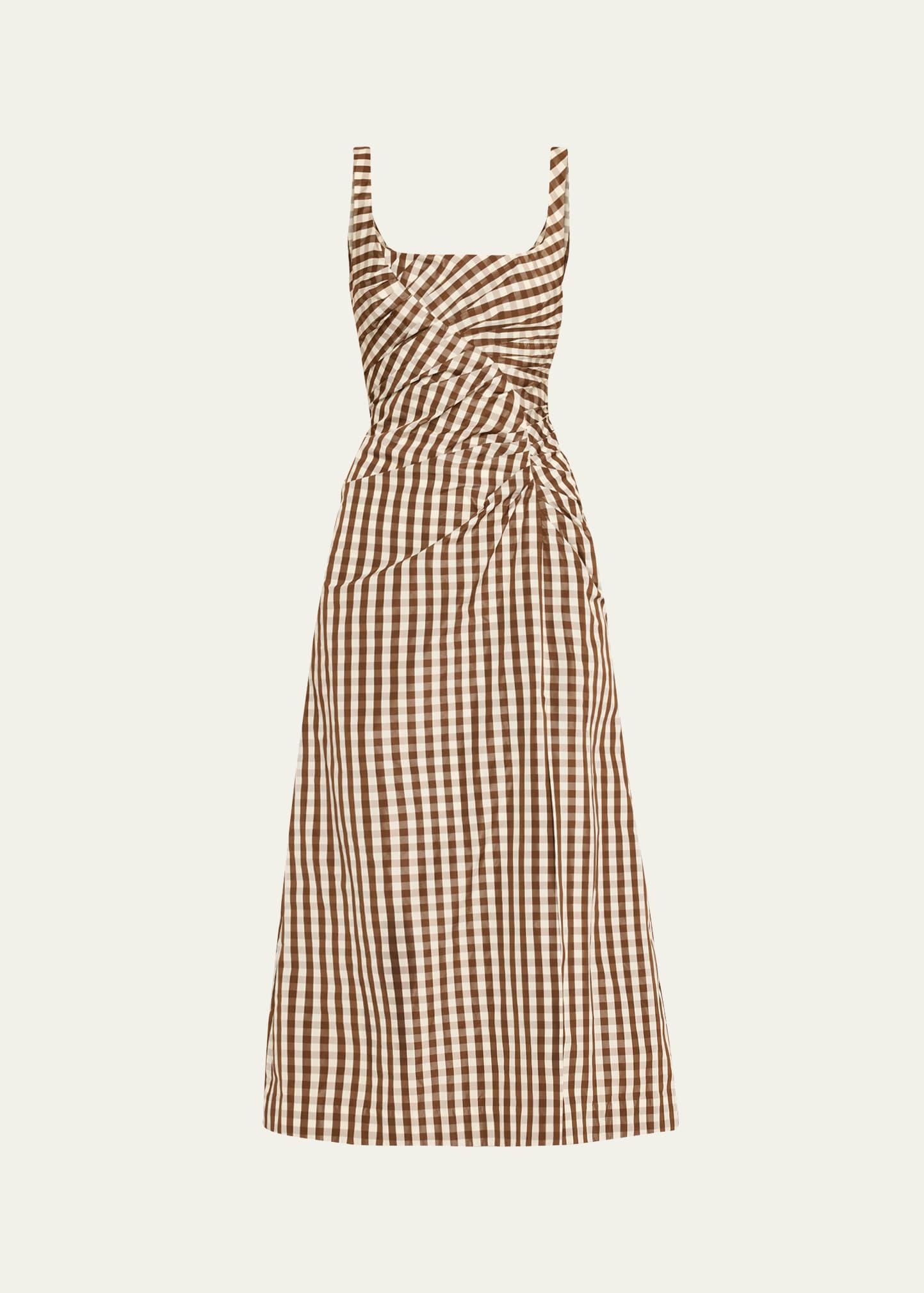 plaid taffeta ruched sleeveless midi dress