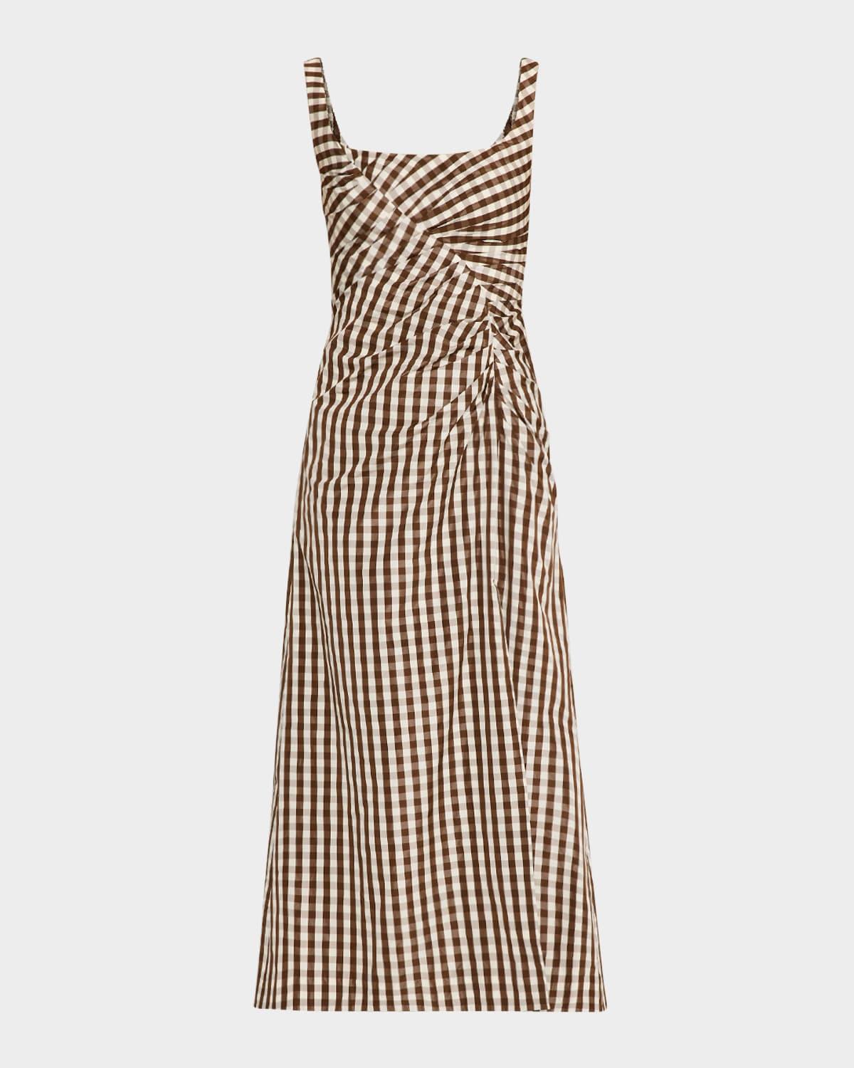 plaid taffeta ruched sleeveless midi dress