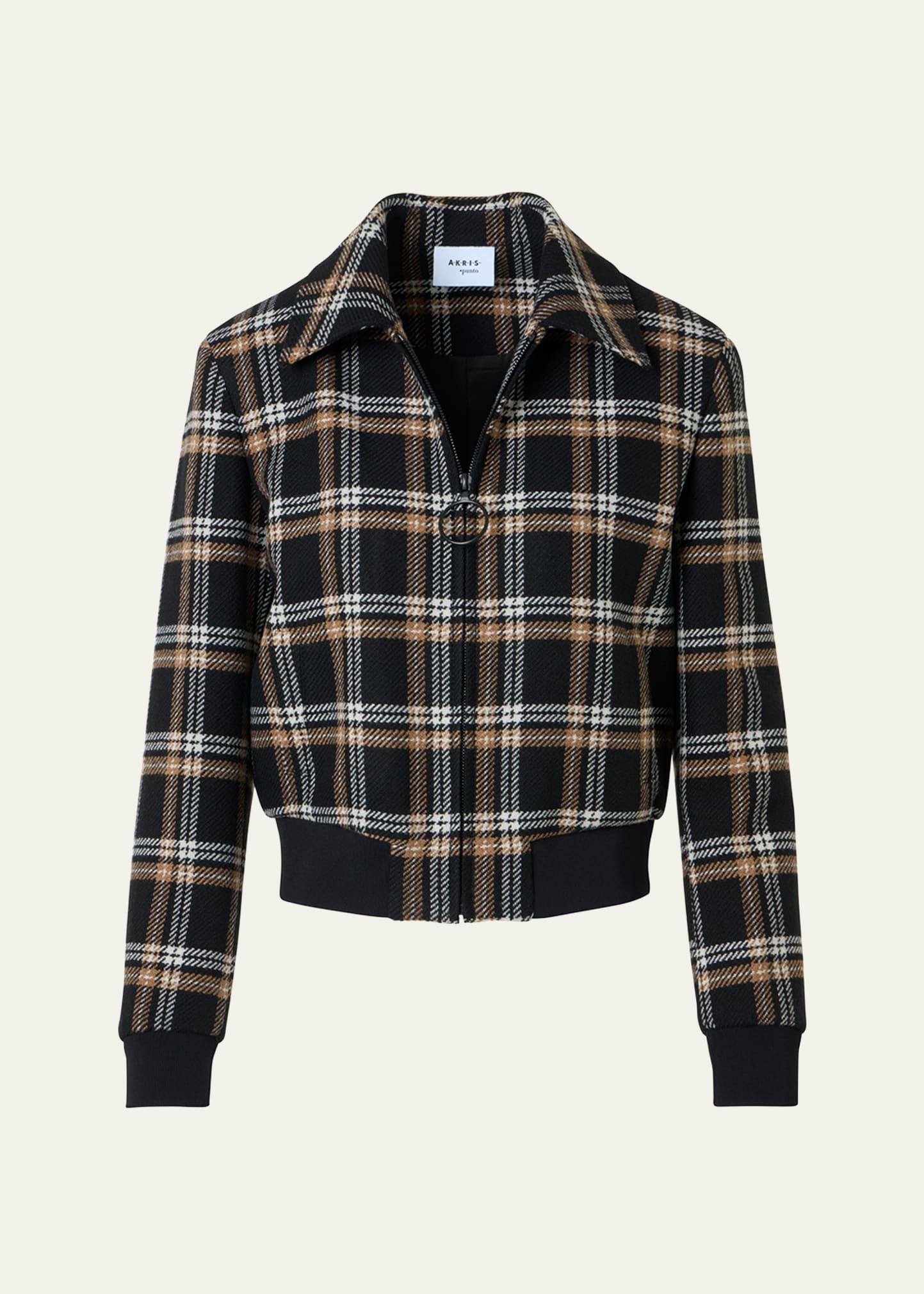 plaid wool tricotine tweed short bomber jacket