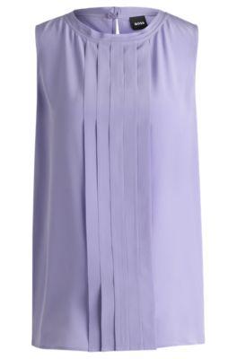 pleat-front sleeveless blouse in washed silk- purple women's business blouses
