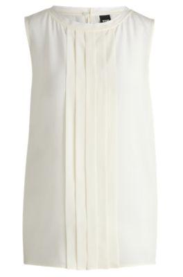 pleat-front sleeveless blouse in washed silk- white women's business blouses