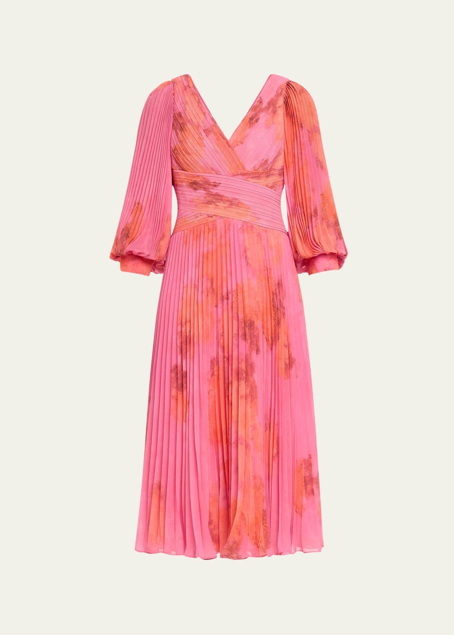 pleated abstract-print chiffon midi dress