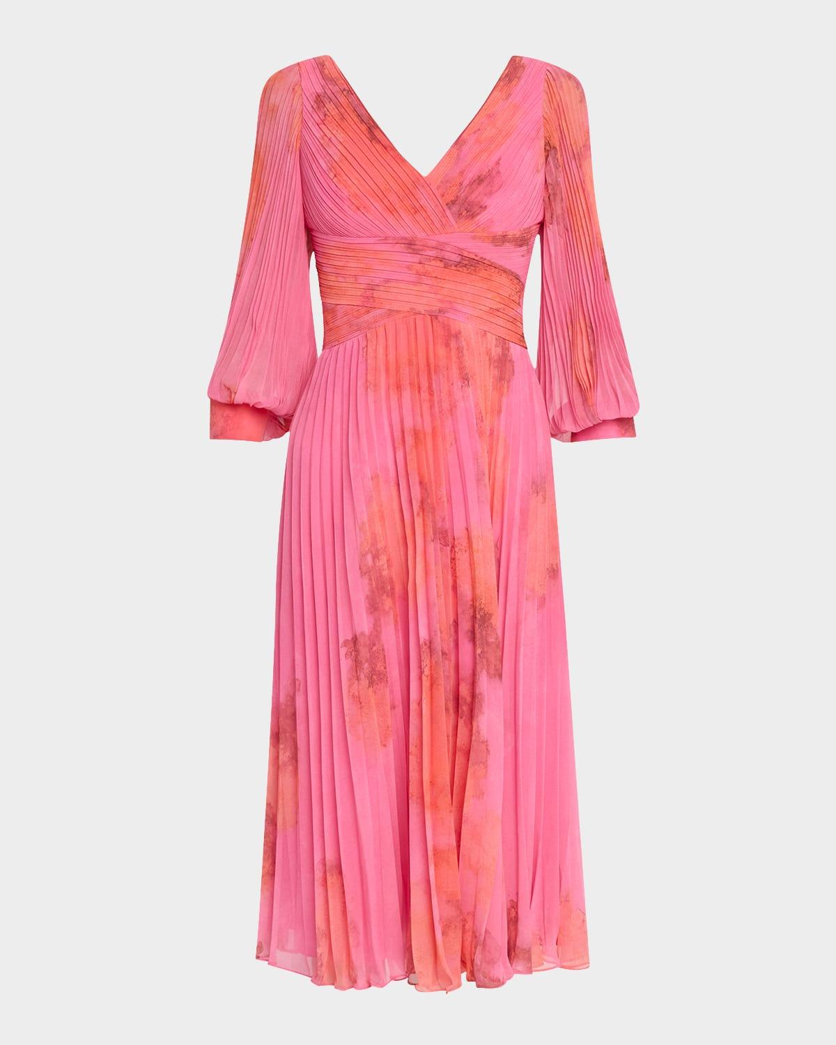 pleated abstract-print chiffon midi dress