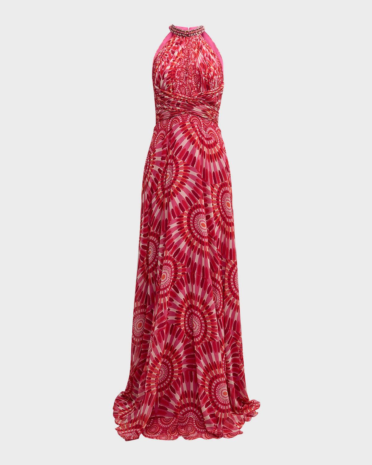 pleated bead-embellished halter chiffon gown