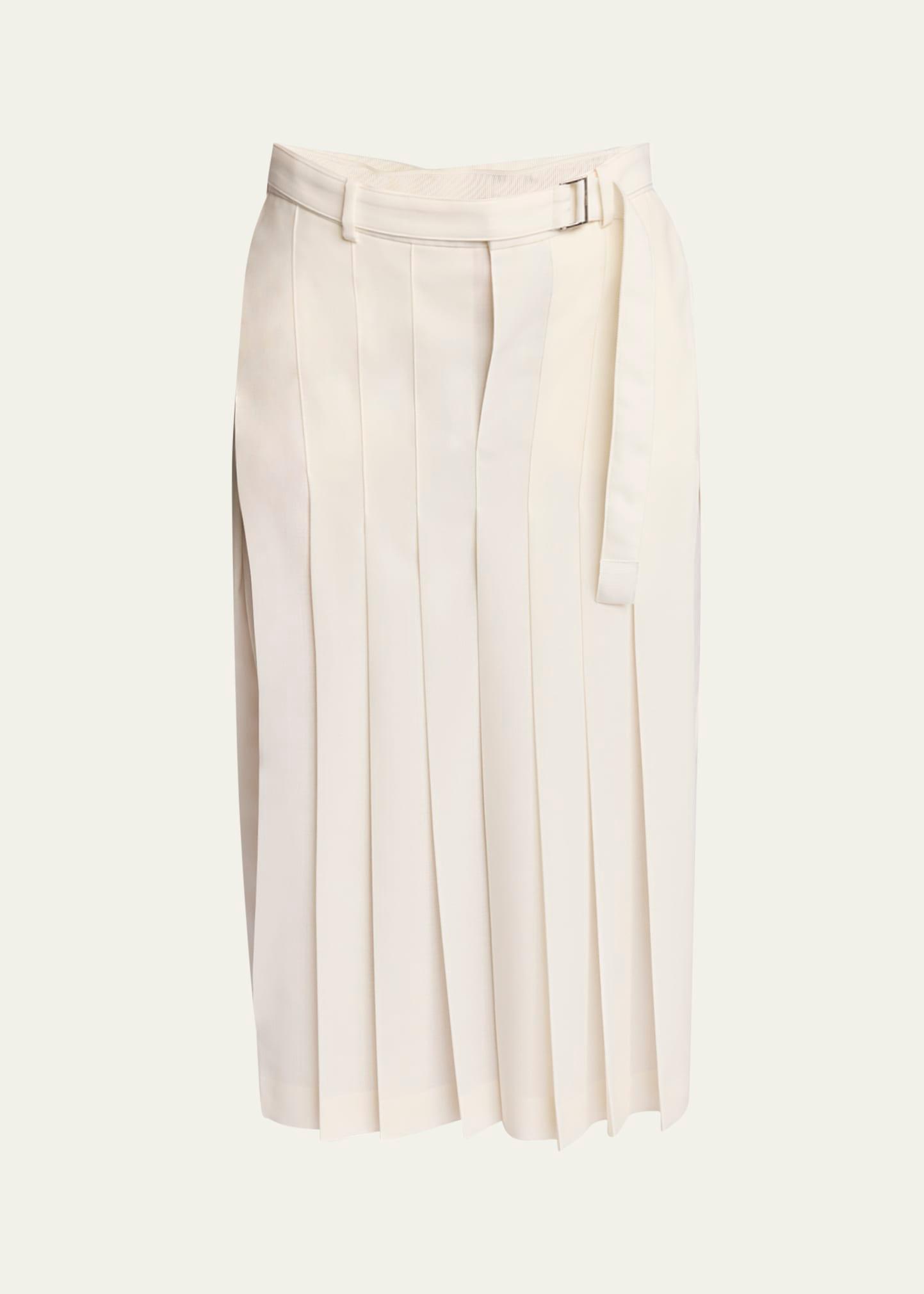 pleated belted wool midi skirt