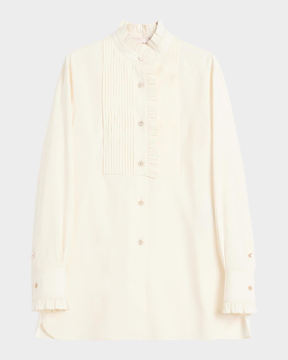 pleated-bib ruffle silk shirt
